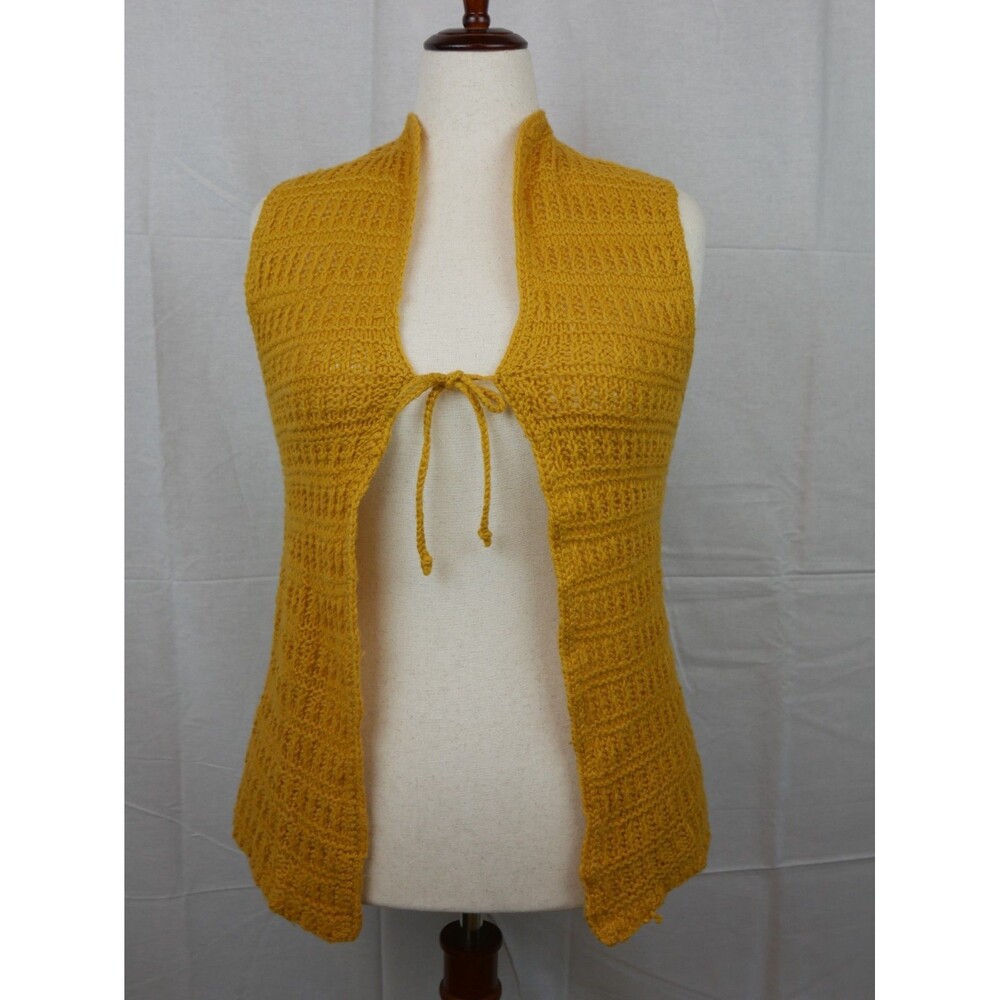 Vintage Handmade Crochet Vest Mustard Yellow Boho Tie Front Size Medium